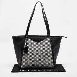 Michael Kors Black/White Checkboard Logo Leather Large Whitney Tote