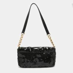 Michael Kors Black Python Embossed and Sequins Logo Flap Shoulder Bag