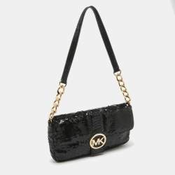 Michael Kors Black Python Embossed and Sequins Logo Flap Shoulder Bag