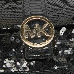 Michael Kors Black Python Embossed and Sequins Logo Flap Shoulder Bag