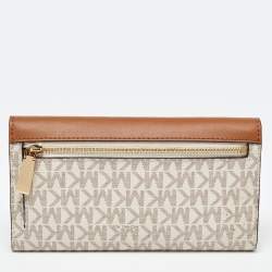 Michael Kors White/Tan Coated Canvas and Leather Fulton Continental Wallet