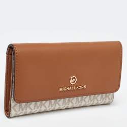 Michael Kors White/Tan Coated Canvas and Leather Fulton Continental Wallet