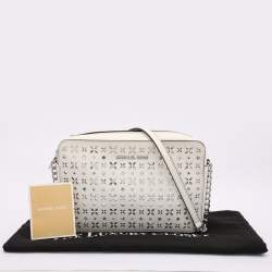 Pre Owned Michael Kors White Leather Laser Cut East West Crossbody Bag