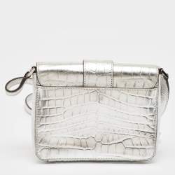 Pre Owned Michael Kors Silver Croc Embossed Leather Crossbody Bag