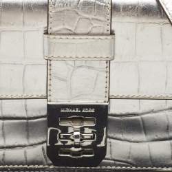 Pre Owned Michael Kors Silver Croc Embossed Leather Crossbody Bag