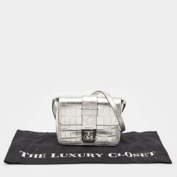 Pre Owned Michael Kors Silver Croc Embossed Leather Crossbody Bag