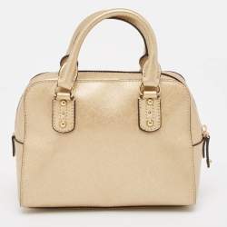 Pre Owned Michael Kors Gold Patent Leather Logo Dome Satchel