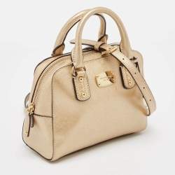 Pre Owned Michael Kors Gold Patent Leather Logo Dome Satchel