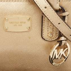 Pre Owned Michael Kors Gold Patent Leather Logo Dome Satchel