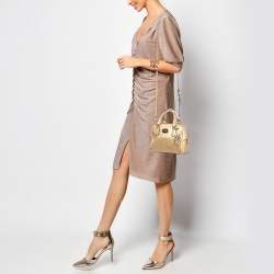 Pre Owned Michael Kors Gold Patent Leather Logo Dome Satchel