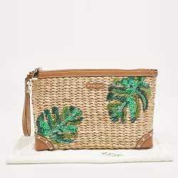 Pre Owned Michael Kors Tan Wicker Malibu Wristlet Zip Pouch