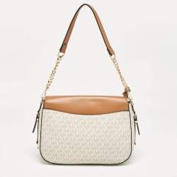 Pre Owned Michael Kors Brown/Off White Signature Coated Canvas and Leather Bedford Legacy Shoulder Bag