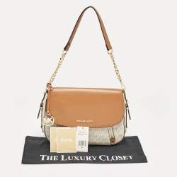 Pre Owned Michael Kors Brown/Off White Signature Coated Canvas and Leather Bedford Legacy Shoulder Bag