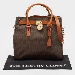 Pre Owned Michael Kors Brown Signature Coated Canvas and Leather Hamilton North South Tote
