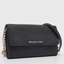 Pre Owned Michael Kors Black Leather Jet Set Flap Crossbody Bag