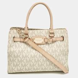 Pre Owned Michael Kors Beige/Off White Signature Coated Canvas and Leather East/West Hamilton Tote