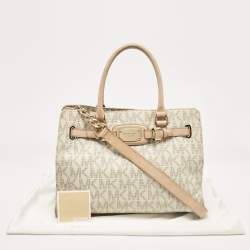 Pre Owned Michael Kors Beige/Off White Signature Coated Canvas and Leather East/West Hamilton Tote