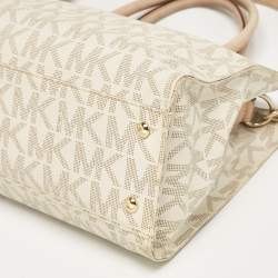 Pre Owned Michael Kors Beige/Off White Signature Coated Canvas and Leather East/West Hamilton Tote