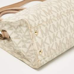 Pre Owned Michael Kors Beige/Off White Signature Coated Canvas and Leather East/West Hamilton Tote