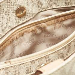 Pre Owned Michael Kors Beige/Off White Signature Coated Canvas and Leather East/West Hamilton Tote
