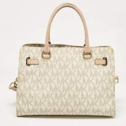Pre Owned Michael Kors Beige/Off White Signature Coated Canvas and Leather East/West Hamilton Tote