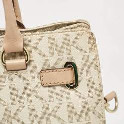 Pre Owned Michael Kors Beige/Off White Signature Coated Canvas and Leather East/West Hamilton Tote