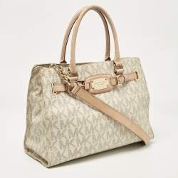 Pre Owned Michael Kors Beige/Off White Signature Coated Canvas and Leather East/West Hamilton Tote