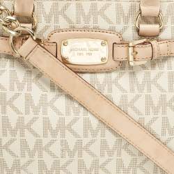Pre Owned Michael Kors Beige/Off White Signature Coated Canvas and Leather East/West Hamilton Tote
