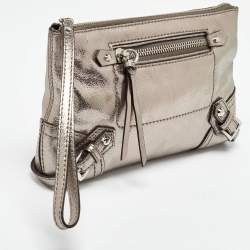 Michael Kors Metallic Grey Leather Fallon Wristlet Clutch