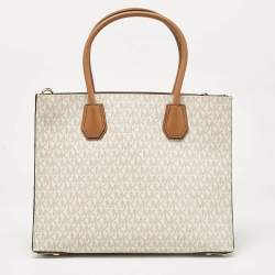 Pre Owned Michael Kors Vanilla/Brown Signature Coated Canvas Large Accordion Mercer Tote