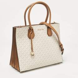 Pre Owned Michael Kors Vanilla/Brown Signature Coated Canvas Large Accordion Mercer Tote