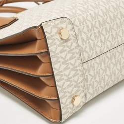 Pre Owned Michael Kors Vanilla/Brown Signature Coated Canvas Large Accordion Mercer Tote