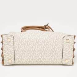 Pre Owned Michael Kors Vanilla/Brown Signature Coated Canvas Large Accordion Mercer Tote