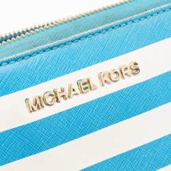 Michael Kors Blue/White Leather Stripe Zip Continental Wallet