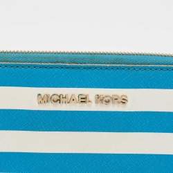 Michael Kors Blue/White Leather Stripe Zip Continental Wallet