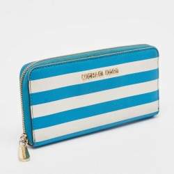 Michael Kors Blue/White Leather Stripe Zip Continental Wallet