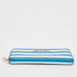 Michael Kors Blue/White Leather Stripe Zip Continental Wallet