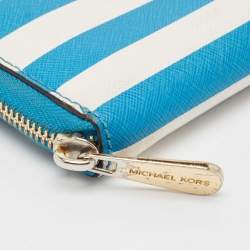 Michael Kors Blue/White Leather Stripe Zip Continental Wallet