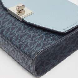 Pre Owned Michael Kors Two Tone Blue Signature Coated Canvas and Leather Crossbody Bag