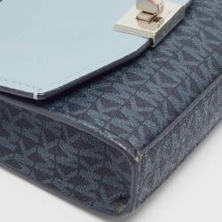 Pre Owned Michael Kors Two Tone Blue Signature Coated Canvas and Leather Crossbody Bag