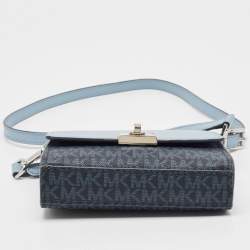 Pre Owned Michael Kors Two Tone Blue Signature Coated Canvas and Leather Crossbody Bag