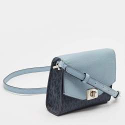 Pre Owned Michael Kors Two Tone Blue Signature Coated Canvas and Leather Crossbody Bag