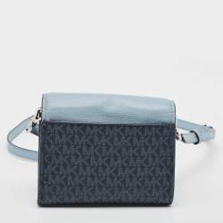 Pre Owned Michael Kors Two Tone Blue Signature Coated Canvas and Leather Crossbody Bag