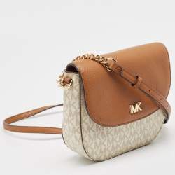 Pre Owned Michael Kors Beige/Tan Signature Coated Canvas and Leather Mott Crossbody Bag