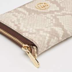 Michael Kors Beige/Brown Snakeskin Embossed Leather Jet Set Zip Around Wallet