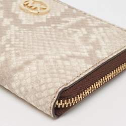 Michael Kors Beige/Brown Snakeskin Embossed Leather Jet Set Zip Around Wallet