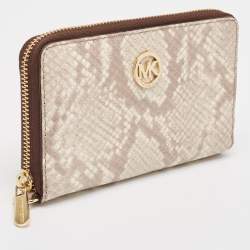 Michael Kors Beige/Brown Snakeskin Embossed Leather Jet Set Zip Around Wallet