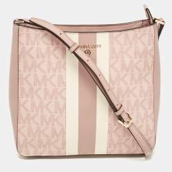 Michael Kors Pink Center Stripe Gloria Signature Coated Canvas and Leather Crossbody Bag