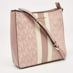 Michael Kors Pink Center Stripe Gloria Signature Coated Canvas and Leather Crossbody Bag