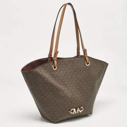 Pre Owned Michael Kors Dark Brown Signature Coated Canvas and Leather Izzy Tote